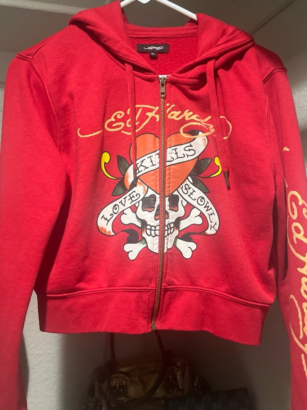 Ed Hardy Red Zip-Up Hoodie with Skull & Heart Graphic